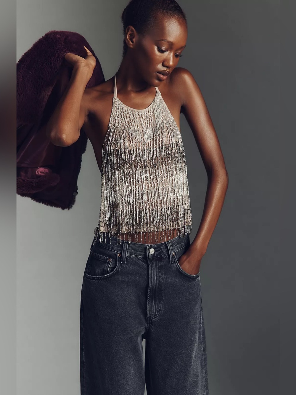ANTHROPOLOGIE Fringe Beaded Halter Cami Size XS/S in Gold - Picture 3 of 9